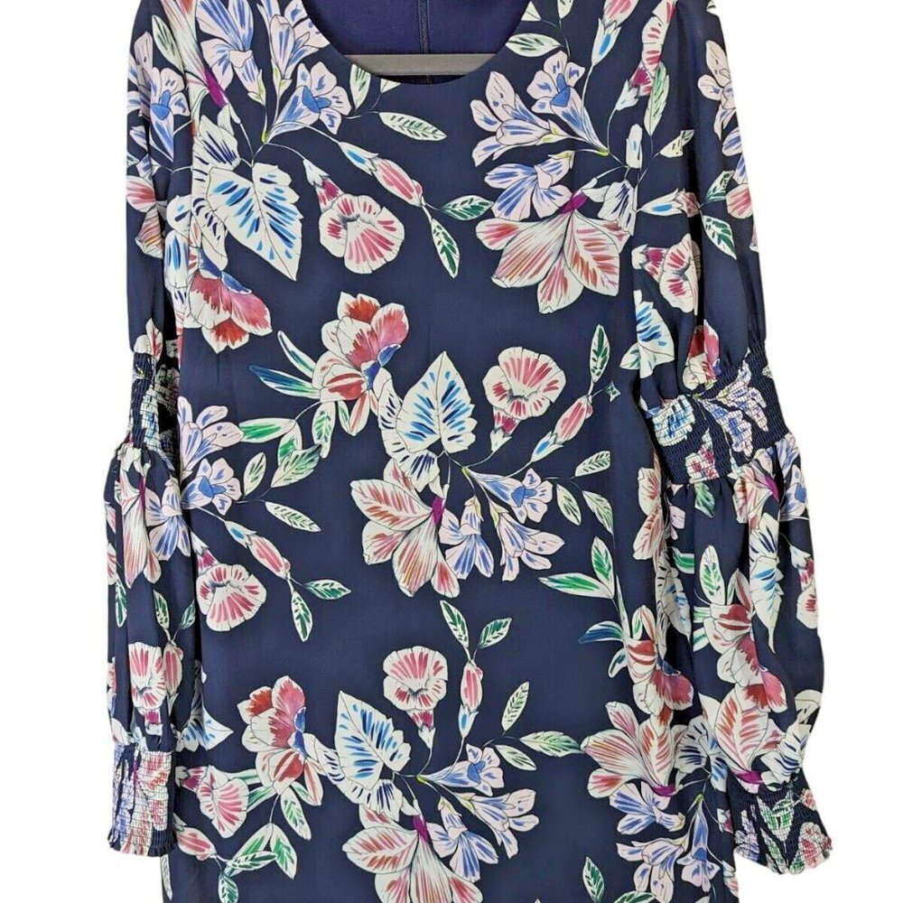 COOPER ST Women size 6 Blue Floral Long Puffed Sleeve Shift Zip Up Lined Dress